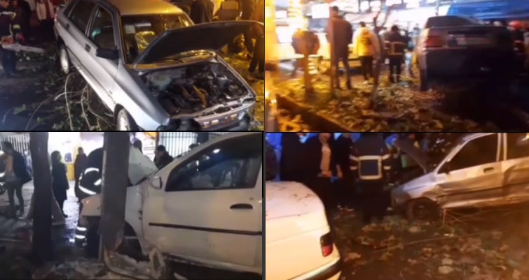 تصادف شدید چندین خودرو حوالی میدان جهاد رشت؛ از قطع پا تا شکسته شدن درخت!